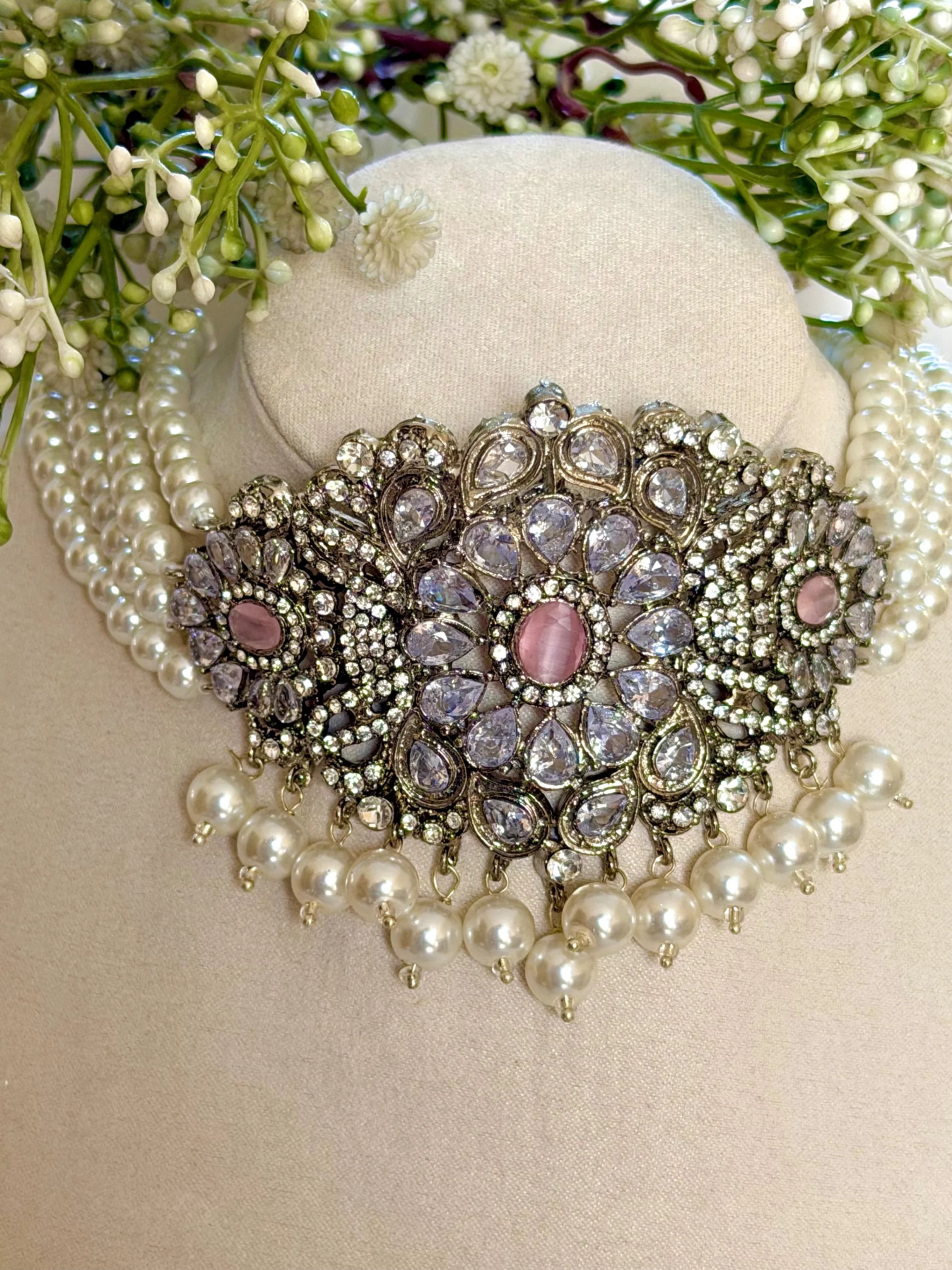 Reiha Choker Set (Pearls & Baby Pink Stones) GS36
