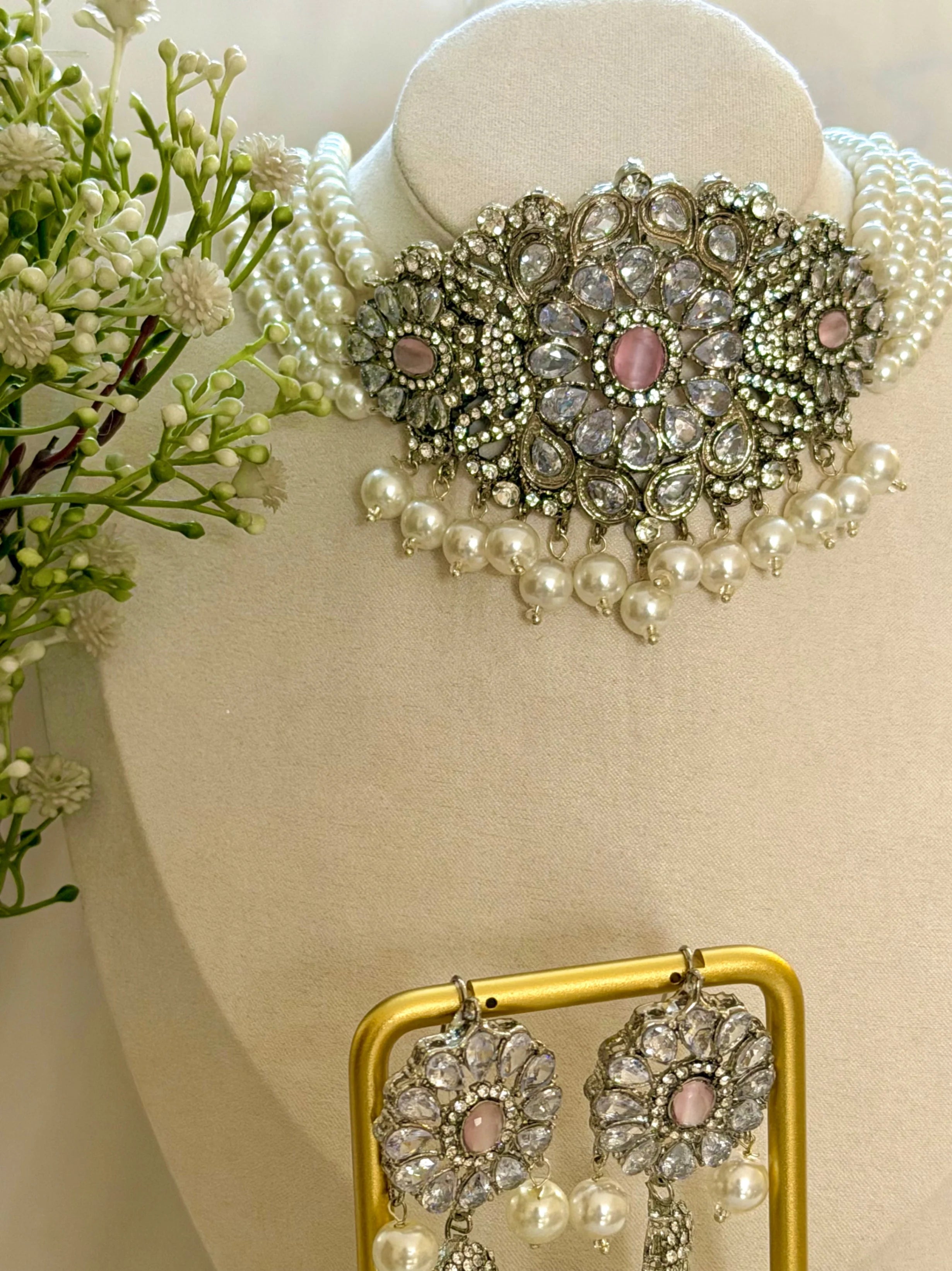Reiha Choker Set (Pearls & Baby Pink Stones) GS36