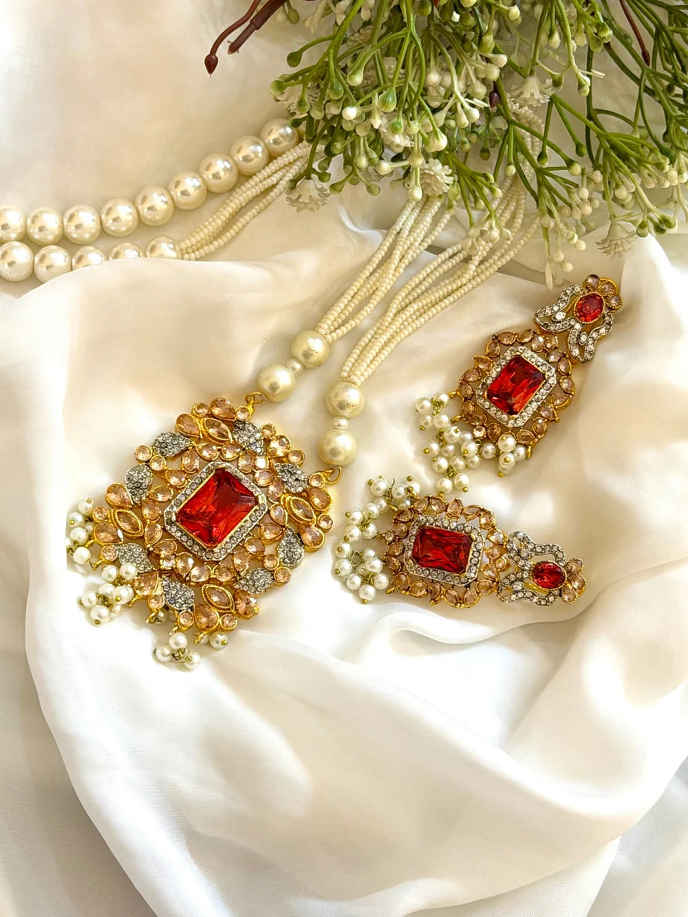 Pearl Maala Set (Red Stone) GS29