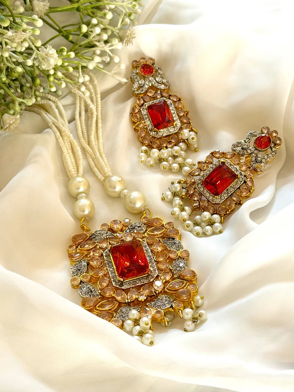 Pearl Maala Set (Red Stone) GS29