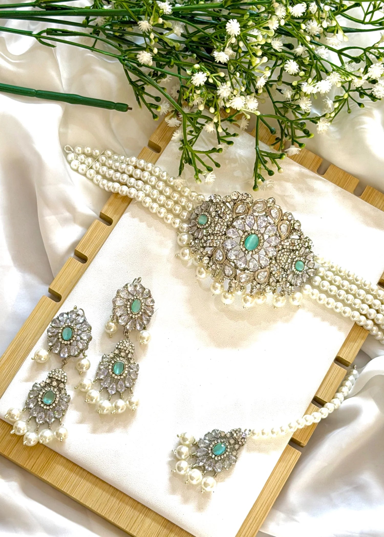 Reiha Choker Set (Pearls & Turquoise Stones) GS37