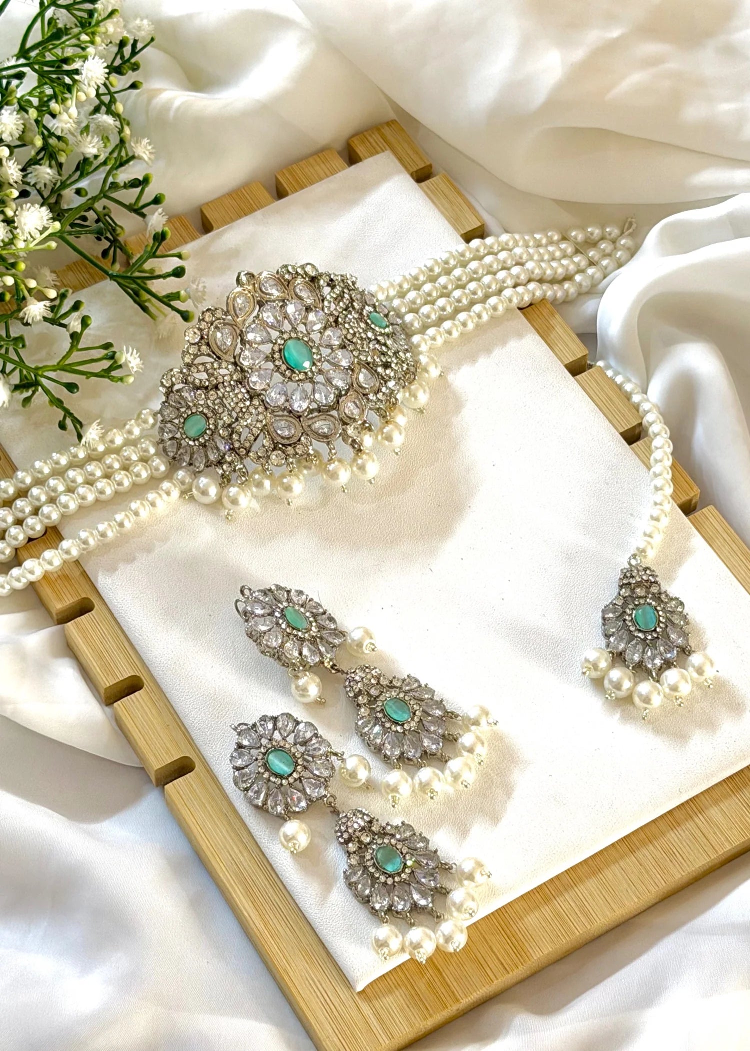 Reiha Choker Set (Pearls & Turquoise Stones) GS37