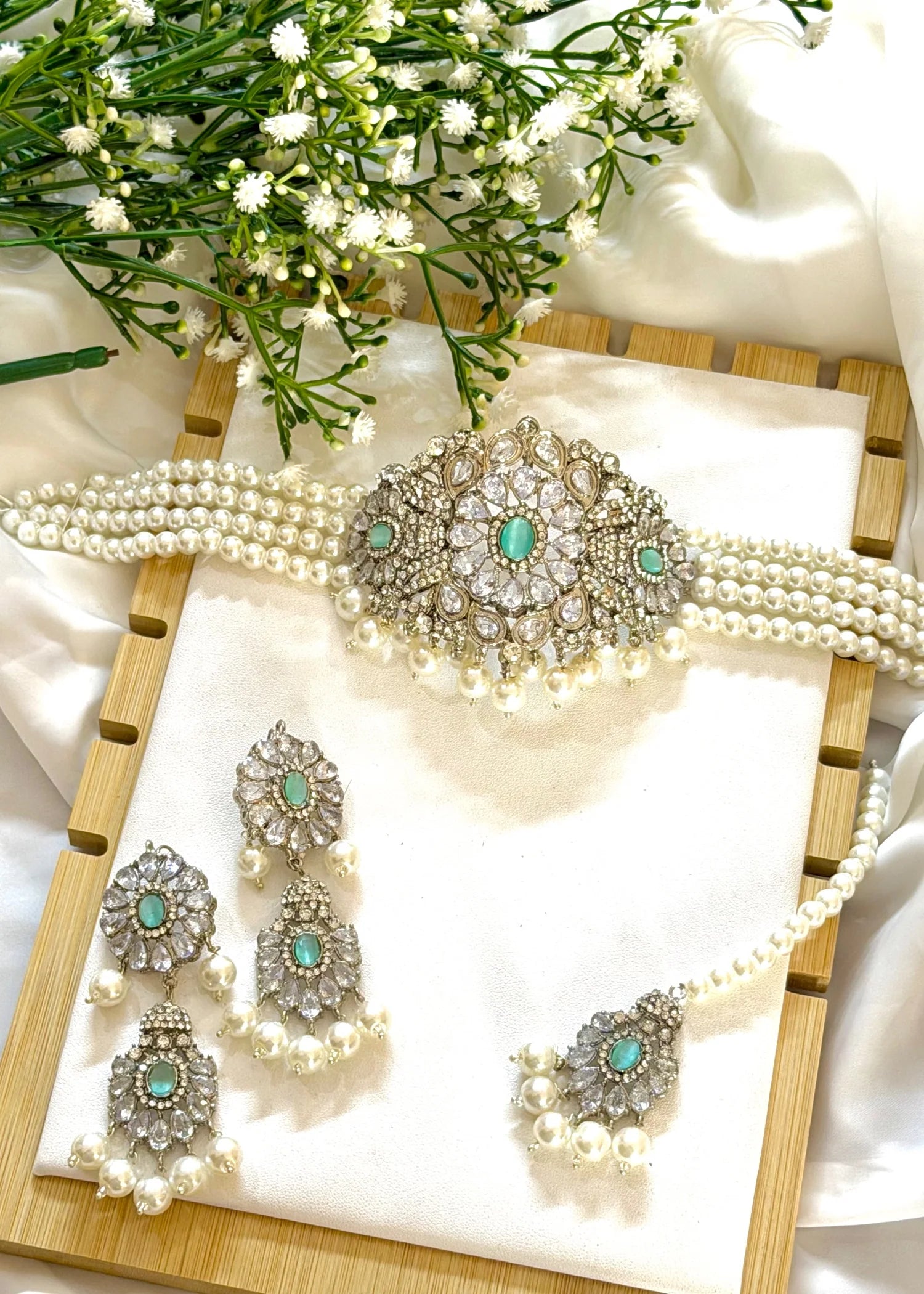 Reiha Choker Set (Pearls & Turquoise Stones) GS37